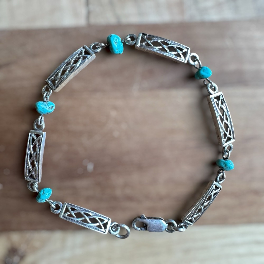 VTG JMH Ireland Celtic Link Bracelet 7 Inch Turquoise Beads 925 Sterling 7.4g
